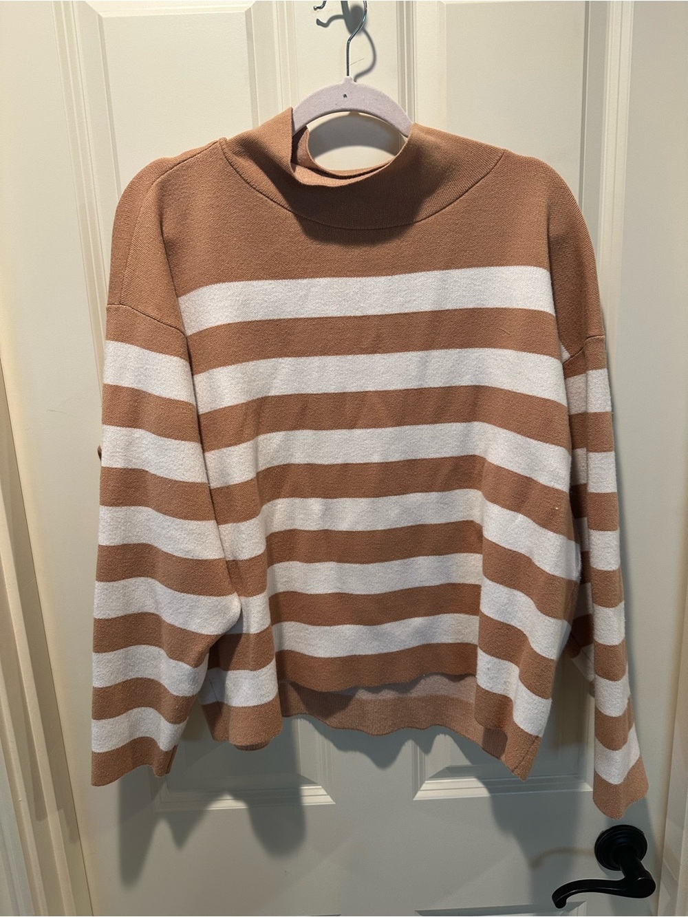 Maeve Tan and White Striped Turtleneck Sweater